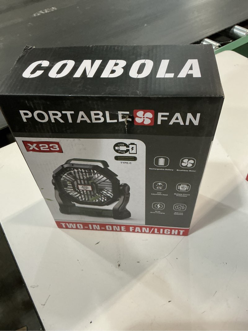 Condition photo showing New/Like New for CONBOLA Solar Fans for Outside,Camping Fan, Portable Fans Rechargeable 9-Inch Battery Powered (180Hrs) LED Lantern, USB C Battery Beach Fan. Negro Solar Charging