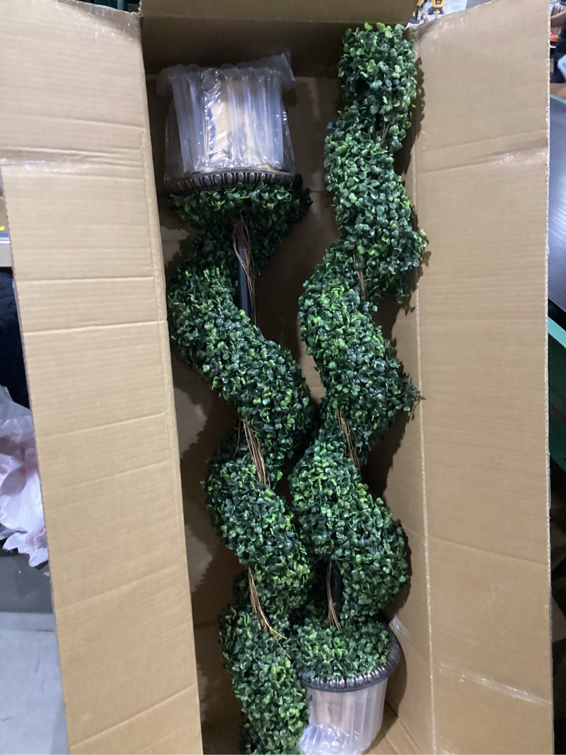 Condition photo showing New/Like New for pozoy 2 pack 4 ft artificial boxwood topiary spiral trees, outdoor faux plants uv resistant anti-fading bushes potted for indoor front porch office garden decor