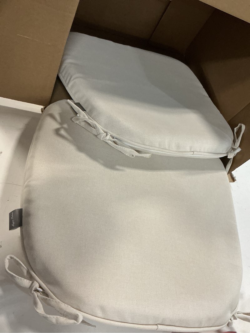 Condition photo showing Good Condition for Magpie Fabrics Outdoor/Indoor 17"x16"x2" Chair Cushions with Ties Set of 2, Waterproof All Weather U-Shape Seat Pads Decoration for Patio Garden Furniture Home Office (Recycled Cream White) Recycled Cream White Set of 2