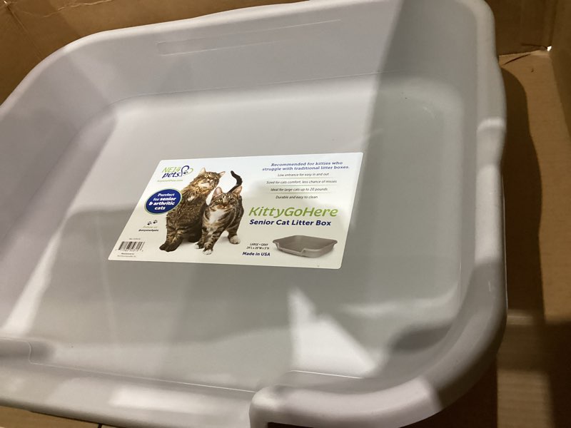 Condition photo showing Good Condition for KittyGoHere Senior Cat Litter Box 1 Pack, Large Misty Gray Low Entrance Kitty Litter Box, Sized for Cats Comfort, Perfect for Senior and Arthritic Cats, Made in USA