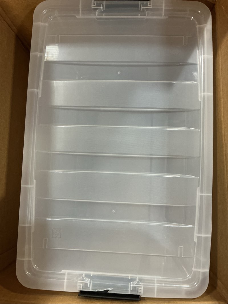 Condition photo showing As Is for iris usa 72 qt plastic storage box with lid and latches - 4 pack - bpa-free, see-through organizing solution, durable nestable stackable containers, secure pull handle - clear clear 72 qt 4 pack