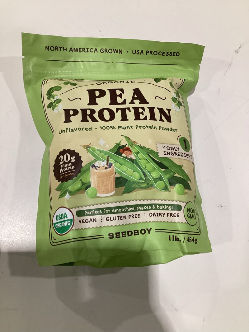 Condition photo showing New/Like New for seedboy organic pea protein powder unflavored, 1 lb, 20g plant-based protein, usa processed & usa/canada grown, vegan, dairy-free, soy-free, gluten-free, glyphosate-free, unsweetened