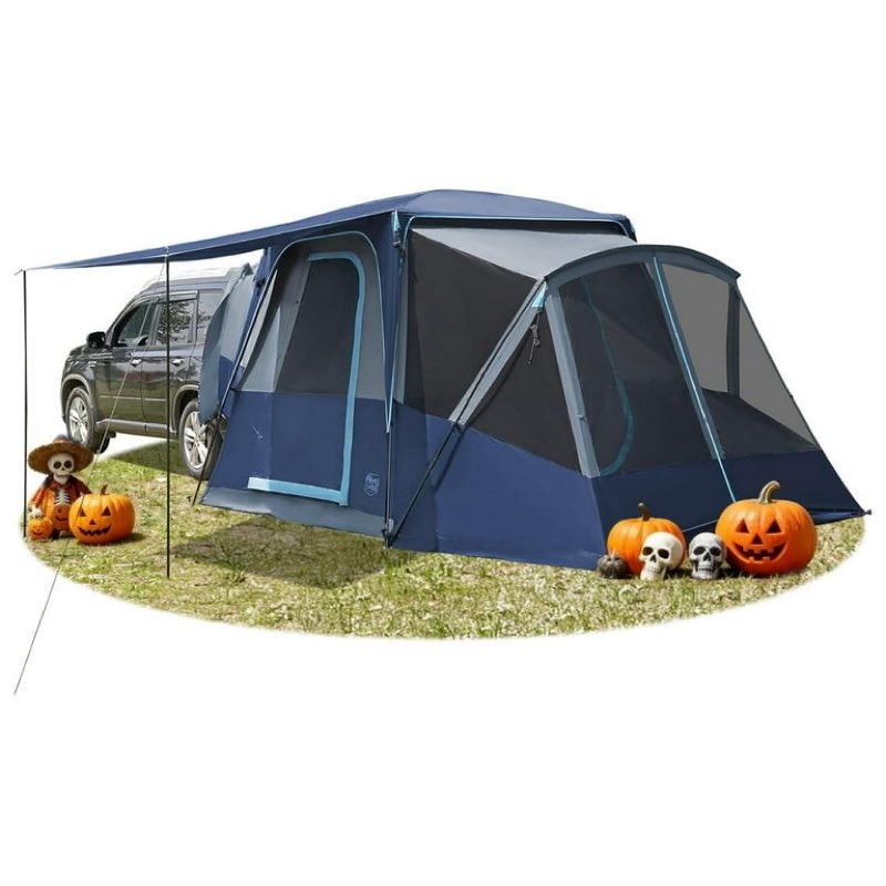 timber ridge 5-9 person suv tent with screen porch and awning for family camping, weather resistant and portable van or car tent,blue