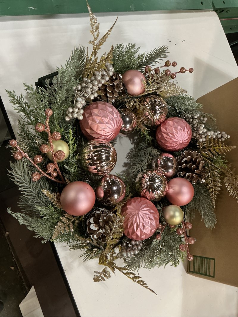 Condition photo showing Good Condition for Adeeing 22 Inch Christmas Wreath with Lights, Prelit Silver White Christmas Gnome Wreath with 30 Lights Ball Ornaments 8 Flashing Modes for Front Door Indoor Outdoor Fireplace Window Home Decoration