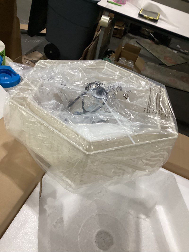 Condition photo showing Good Condition for sglfarmty 17.7" double drum semi flush mount ceiling light, 3-light linen drum light fixture ceiling mount, farmhouse flush mount light fixture, modern close to ceiling lamp for living room bedroom black