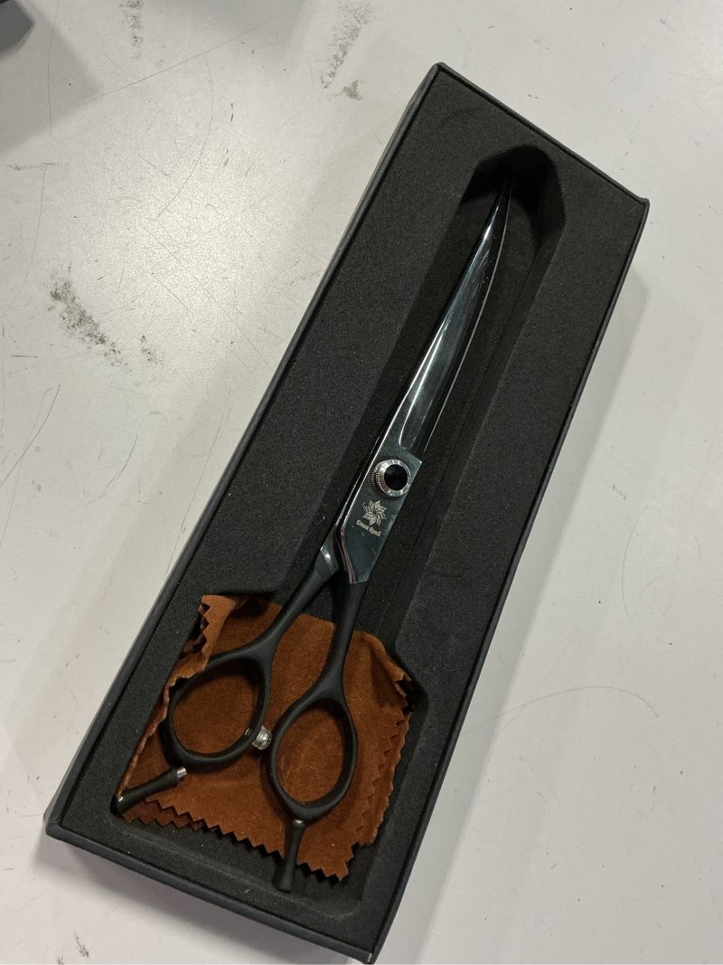 Condition photo showing New/Like New for dream reach 8" downward curved dog grooming scissors for trimming face and paws, safety round tip shears for pet dogs and cats, professional pet grooming scissors black black-8in