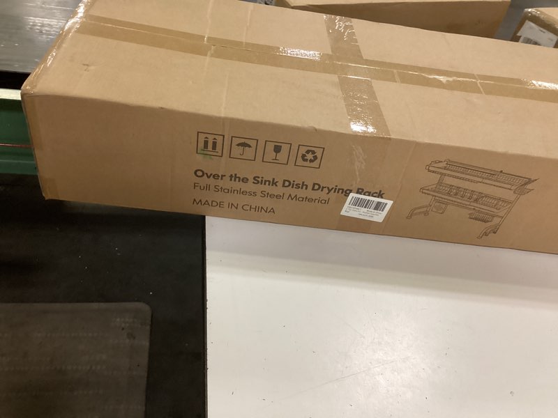 Condition photo showing New/Like New for 3 tier extra large stainless steel expandable over the sink dish drainer drying rack, rust proof metal, space saving, modern silver big capacity extendable plate strainers above kitchen counter silver over sink 3 tier