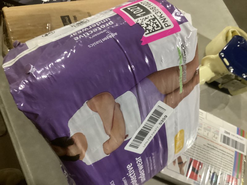 Condition photo showing Good Condition for Amazon Basics Incontinence Underwear for Women, Protective, Disposable, Postpartum, Maximum Absorbency, Large, Lavender, 18 Count Large 18