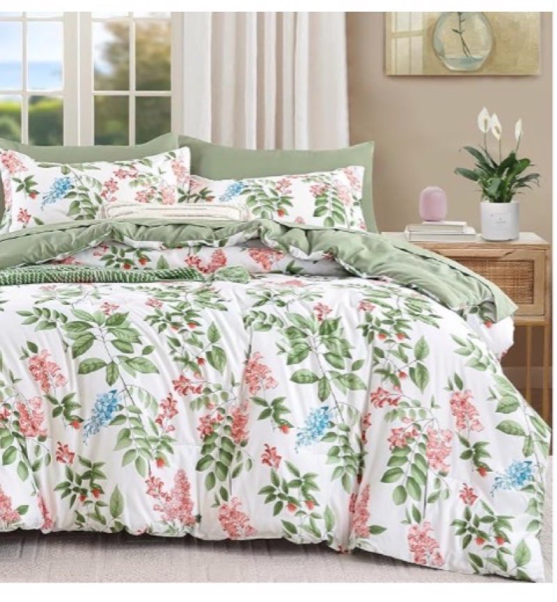 Green Comforter Set King Size Floral 7-Piece Bedding Set,Botanical Comforter Set with Pillowcases,So
