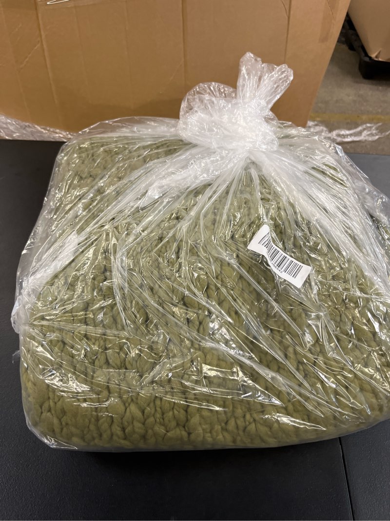 Condition photo showing Good Condition for chunky hand knit wool throw, 50x60, olive