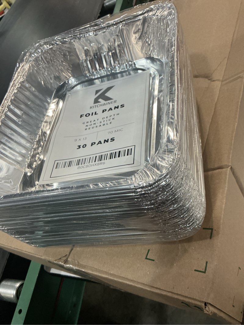Condition photo showing Good Condition for kitchainer 30-pack aluminum foil pans half size (9x13), heavy duty disposable foil pans, aluminum foil baking pans, disposable cookware great for food prep, cakes, ovens