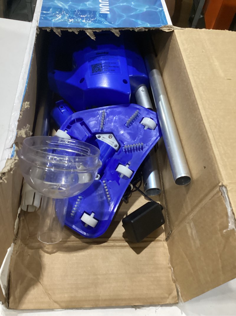 Condition photo showing As Is for cordless pool vacuum for above ground & inground pools, 18.5gpm suction with 2 brush heads for leaves, debris, with telescopic pole back-friendly cleaning, hot tub spa handheld cleaner (blue)