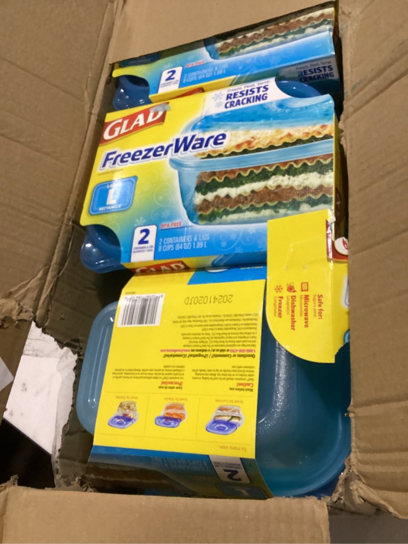 Condition photo showing New/Like New for Glad GladWare Freezerware Food Storage Containers - Large Rectangle - Meal Container Holds up to 64 Ounces of Food - Lock Tight Seal, 2 Count - 6 Pack 64 oz - 12 Ct