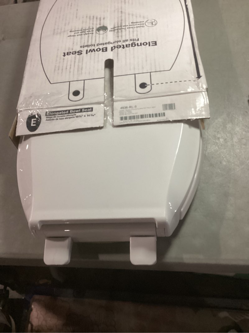 Condition photo showing As Is for kohler 4636-rl-0 cachet readylatch elongated toilet seat slow close, soft close toilet seat quiet lid, contoured grip-tight bumpers installation hardware, apartment essentials, white white elongated ready latch