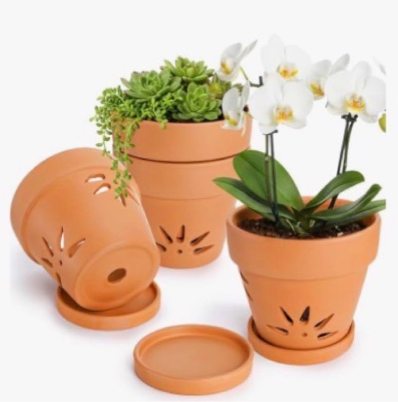 WUWEOT 4 Pack 6 Inch Orchid Pots with Holes and Saucers, Terracotta Clay Orchid Planter Pots for Rep