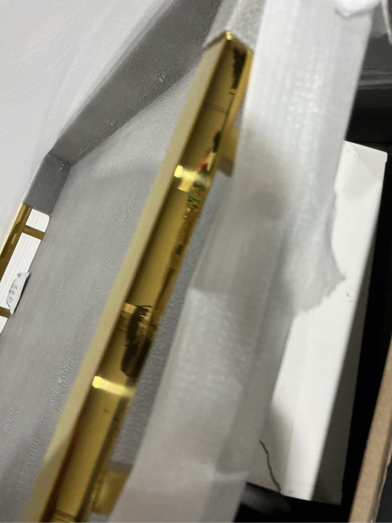 Condition photo showing Good Condition for Modern Elegant 17.5"x12" Rectangle Glossy Grey Shagreen Faux Leather Decorative Tray Ottoman Coffee Table Perfume Kitchen Display Perfume Serving Tray with Gold Polished Metal Handles.