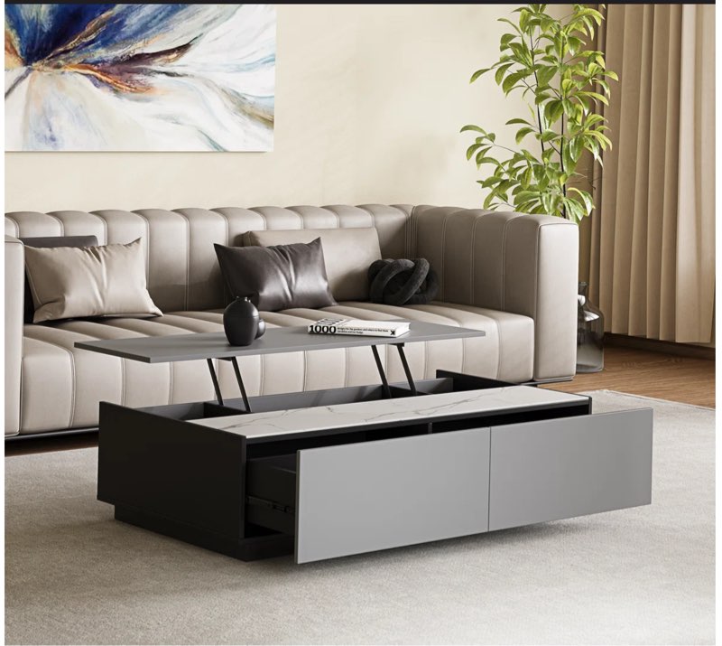 Lift Top Coffee Table Sintered Stone Top with Hidden Compartment 2 Drawers for Storage