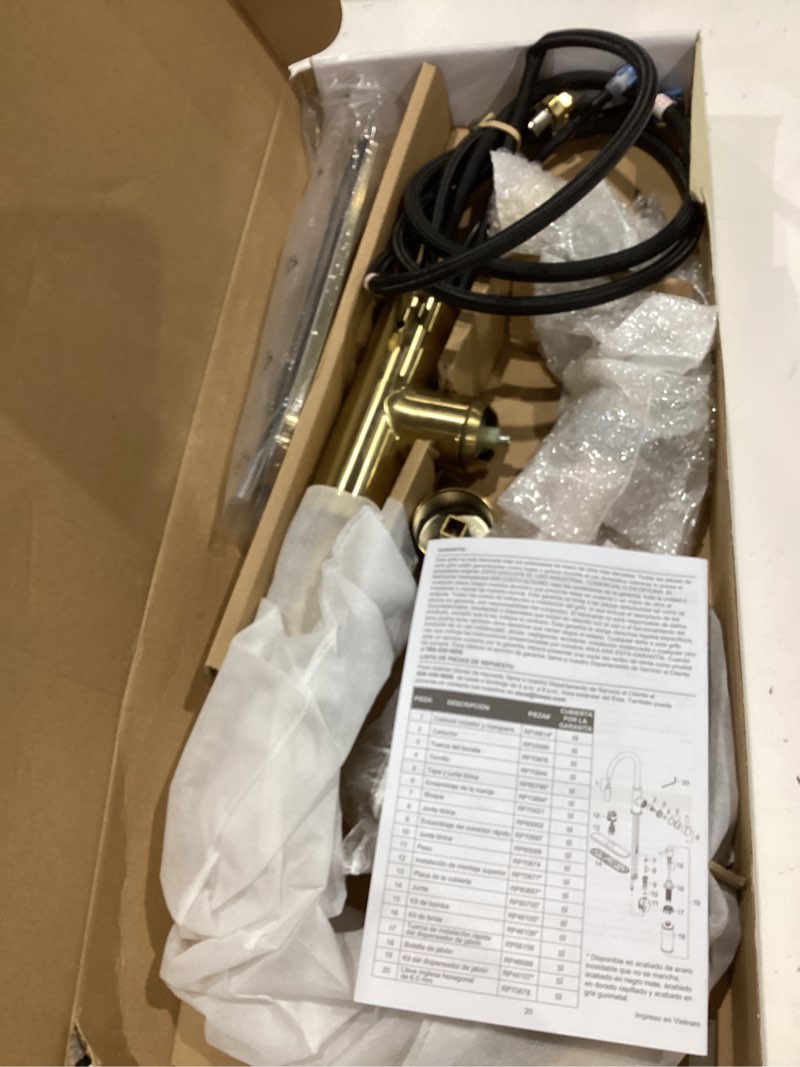 allen + roth harlow simplefit brushed gold single handle deck-mount pull-down kitchen faucet with sprayer (includes deck plate) (includes soap dispenser)