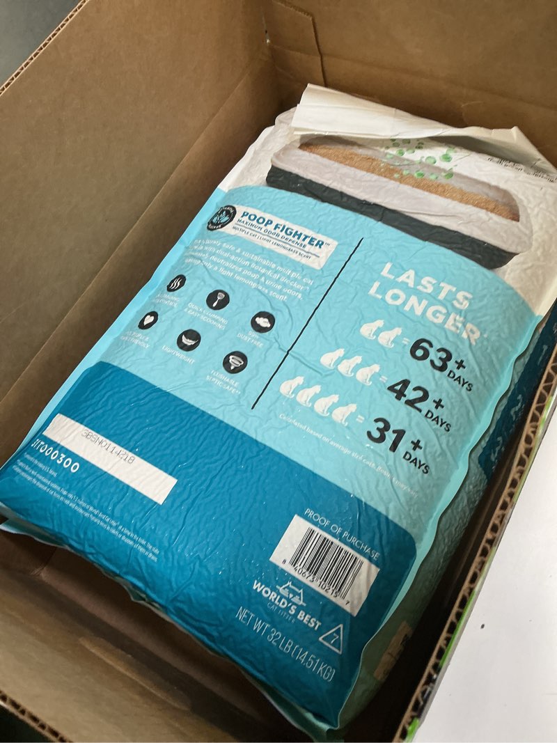 Condition photo showing New/Like New for WORLD'S BEST CAT LITTER Poop Fighter Maximum Odor Defense, 32-Pounds - Natural Ingredients, Quick Clumping, Flushable, 99% Dust Free & Made in USA - Long-Lasting Odor Control & Easy Scooping 32lb