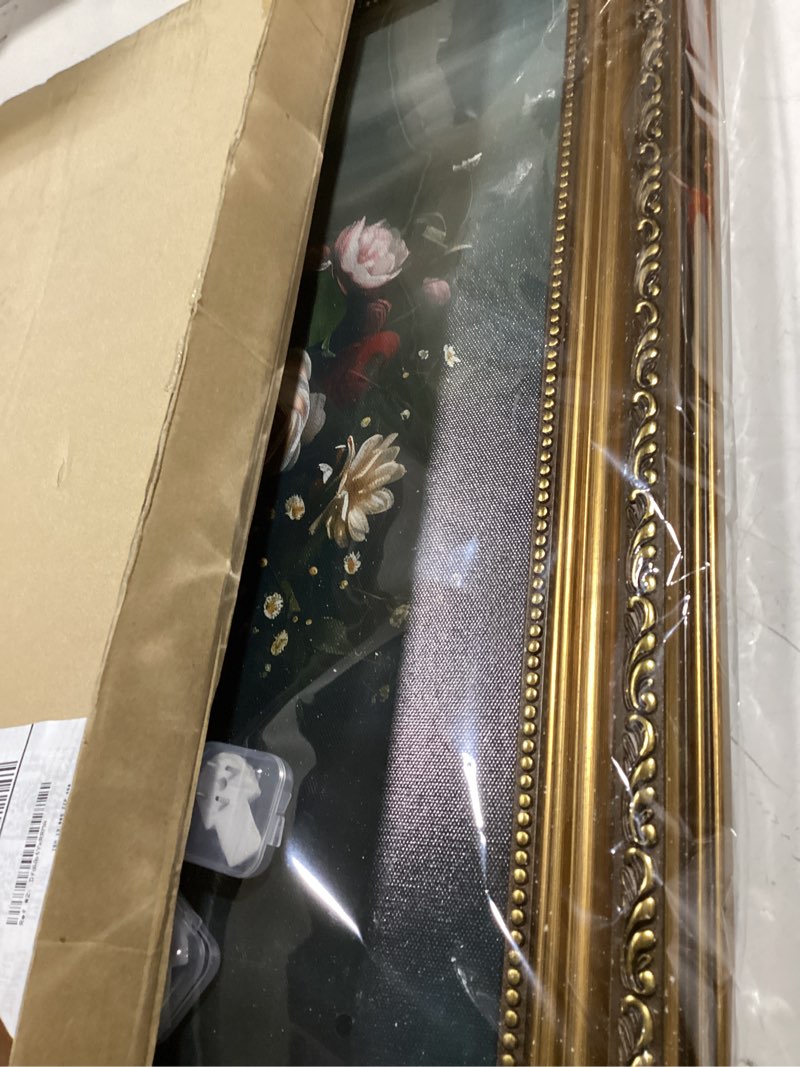 Condition photo showing As Is for Framed Vintage Floral Wall Art - Moody Flowers Books Art Oil Painting, Vintage Wildflowers Dark Academia Floral Gallery Wall Decor Picture, Rustic Country Canvas Decor for Living Room Office 20''x30'' 30"L x 20"W Flower Book