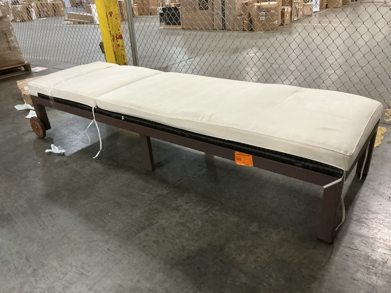 Condition photo showing As Is for white 1 piece metal outdoor chaise lounge chair without sunshade with white cushion