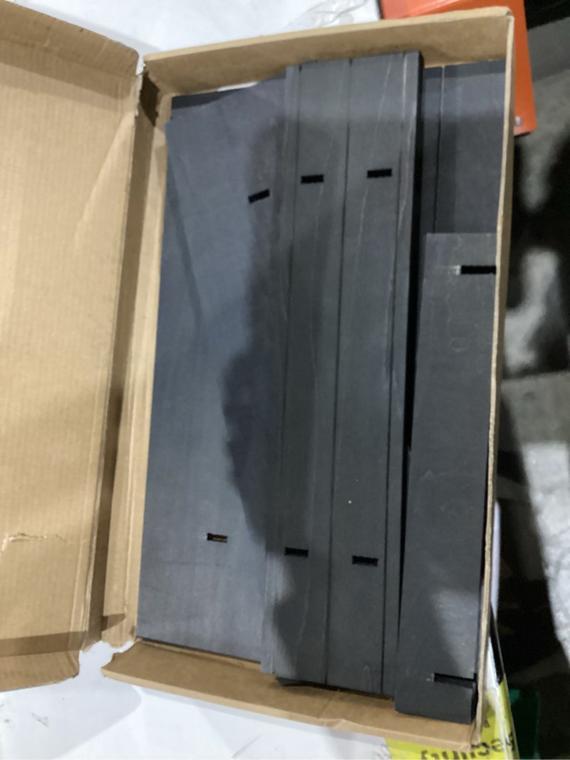 Condition photo showing As Is for straight black wooden tiered stand, portable products shelf, jewelry and card rack, risers, altar shelf, stand for vendor events black straight