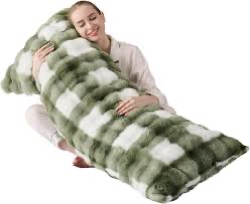 sage green and white checkered faux fur body pillow