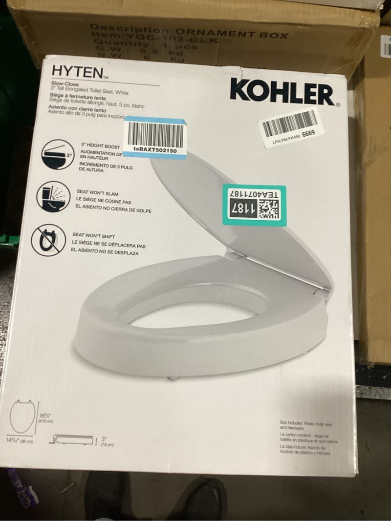 Condition photo showing New/Like New for KOHLER 25875-0 Hyten 3" Height, Elevated Soft Close Elongated Toilet Seat, Contoured Seat with Grip-Tight Bumpers, Quick-Attach Hardware, No Slam Toilet Seat, White White Elongated