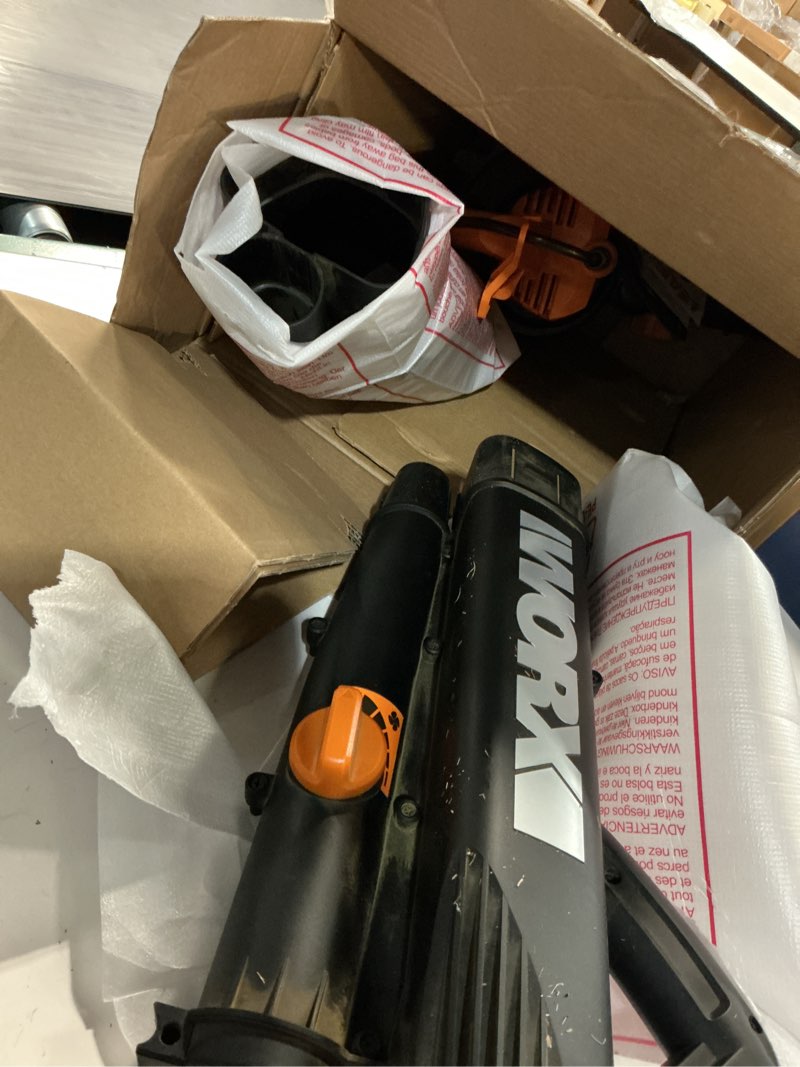 Condition photo showing As Is for worx trivac 3 in 1 electric leaf blower for lawn care, leaf vacuum with 350 cfm & 210 mph, leaf mulcher with metal impeller, wg505 350cfm blower/vac/mulcher