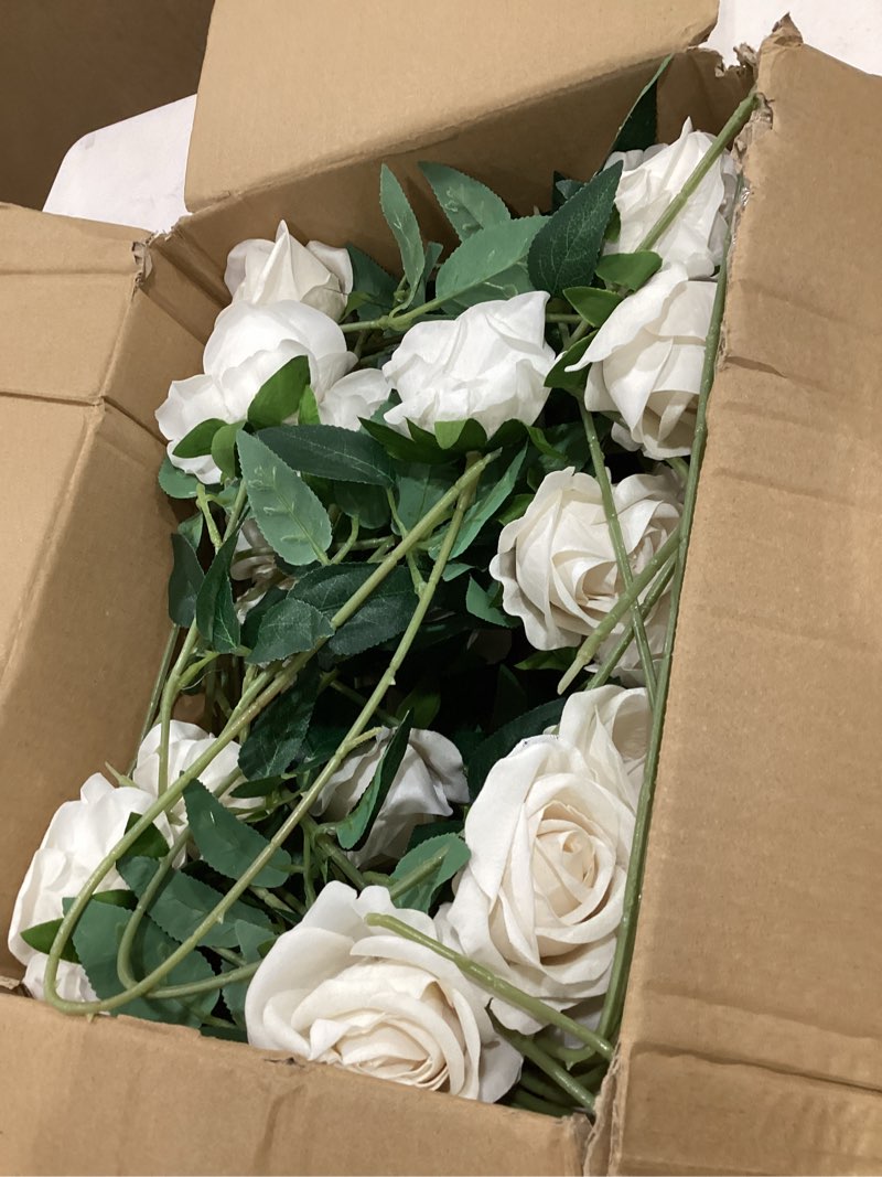 Condition photo showing As Is for 50 pcs ivory roses artificial flowers, fake roses with stem realistic silk roses for diy wedding bouquets tables centerpieces arrangements baby shower birthday home decor valentine's day gift for her