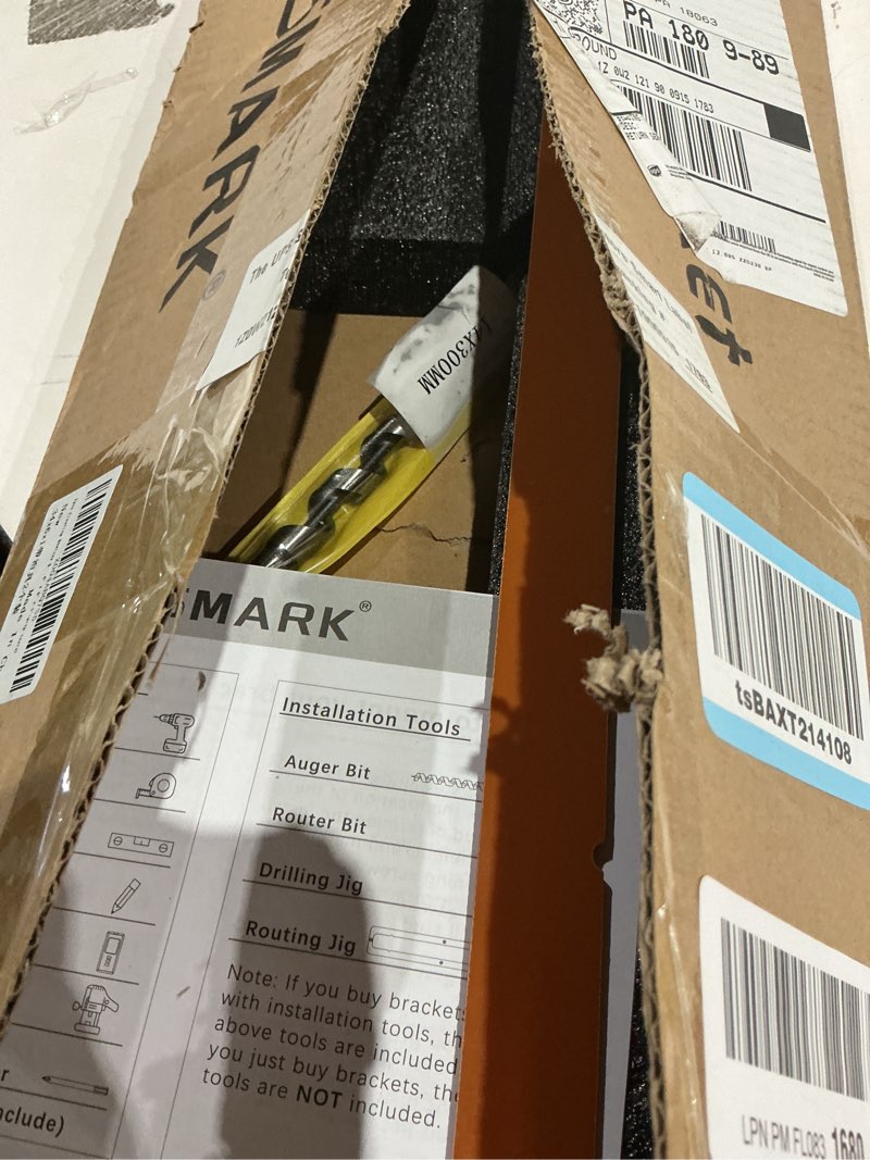 Condition photo showing As Is for 2pcs floating shelf bracket heavy duty,decorative floating shelf hardware hidden black metal fireplace mantel brackets (34"x6"x1.0" with tools)