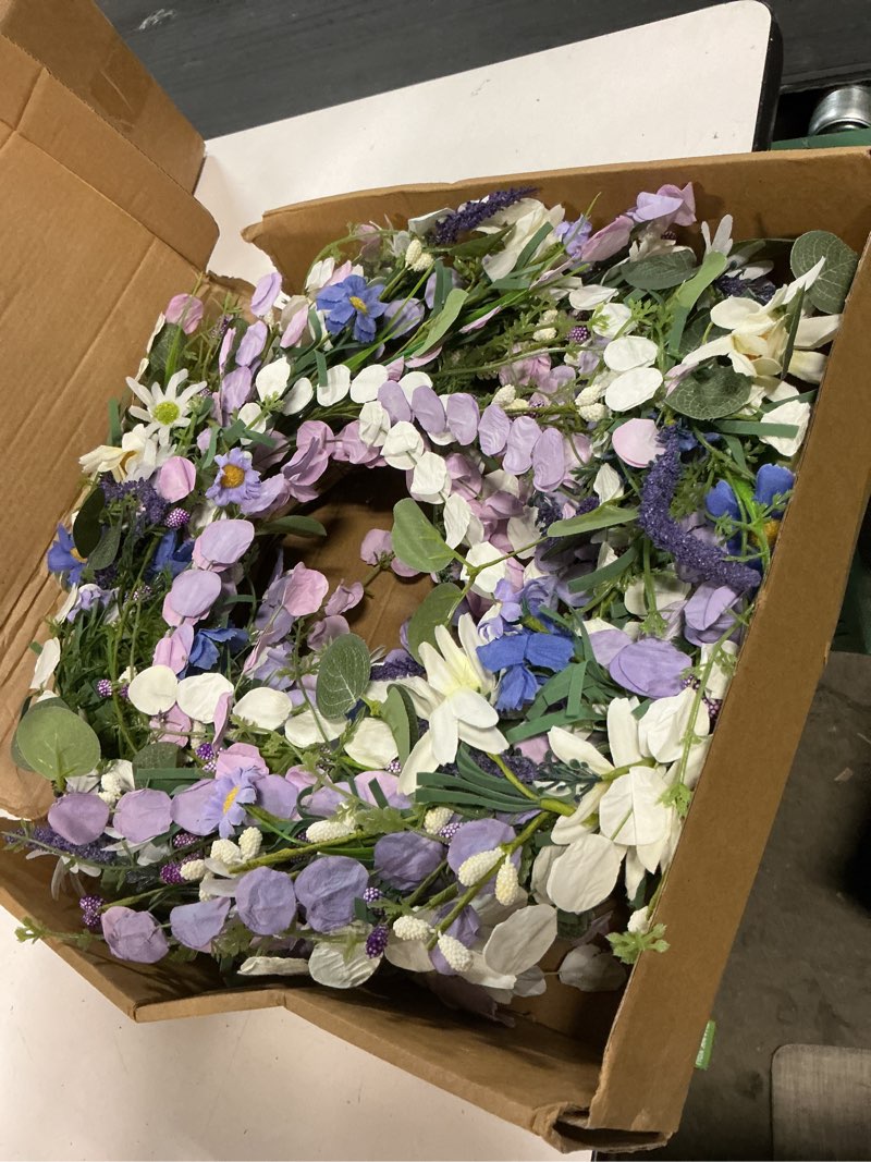 Condition photo showing Good Condition for 22 inches spring wreaths for front door blue spring door wreath summer floral wreath with wildflower lanvender for wall porch indoors outdoor window home decorations