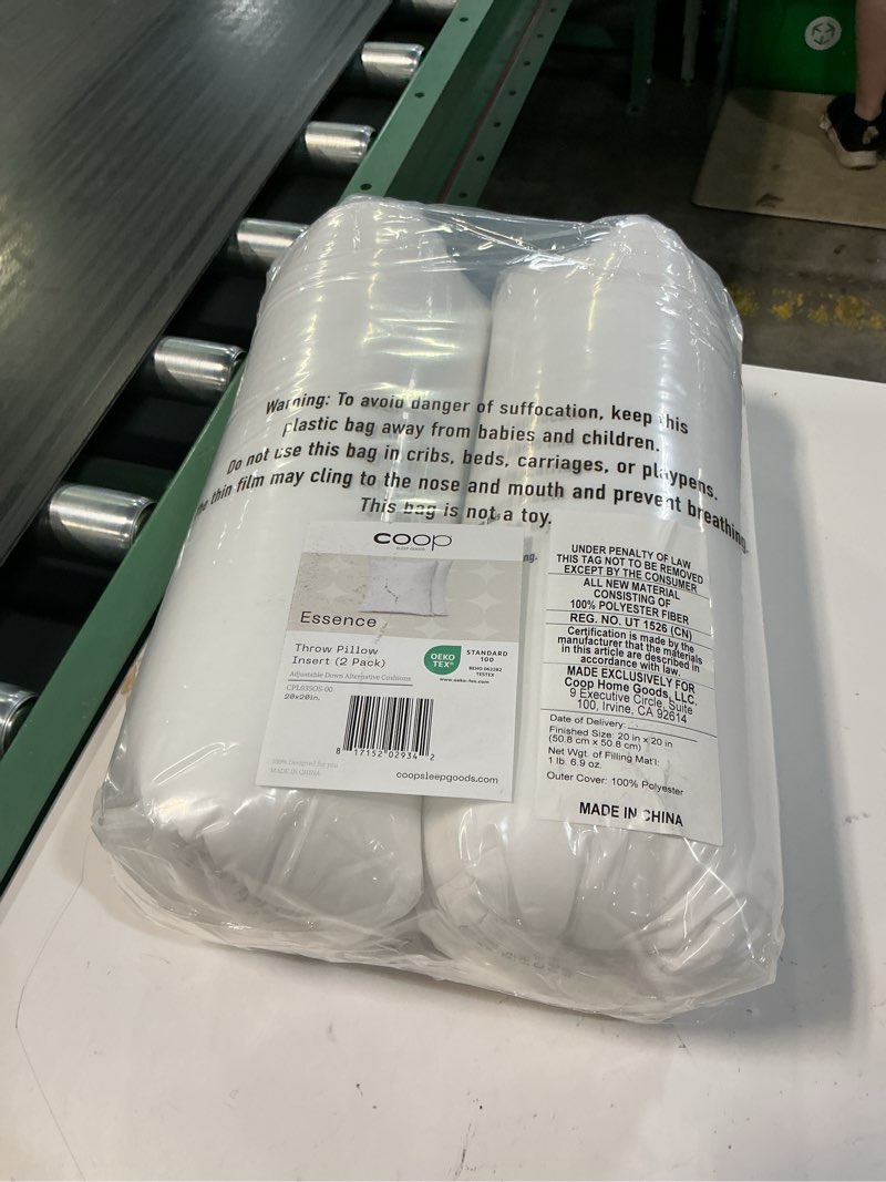 Condition photo showing New/Like New for coop home goods essence adjustable throw pillow inserts 20x20, set of 2, adjustable down alternative cushions for couch, bed, or chair, decorative square pillows for living room, oeko-tex certified essence down alternative 20x20