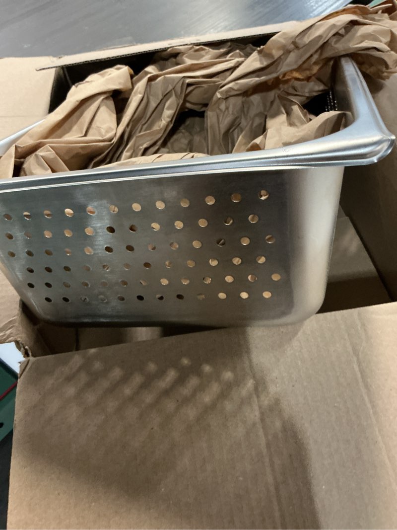 Condition photo showing As Is for winco full size 6" deep metal food pan/steam table pan, perforated, 22 gauge 6" deep standard (perforated)