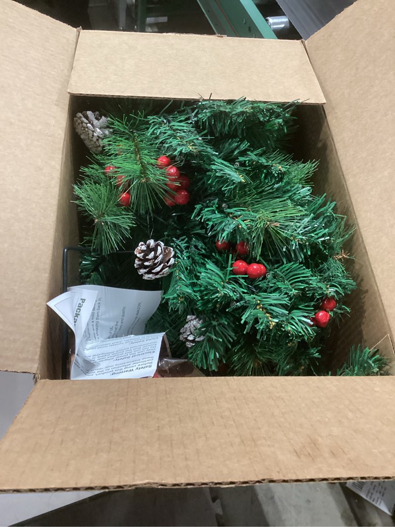 Condition photo showing As Is for Joyhalo 2.5ft/30in Topsworth Prelit Planter Bushes Christmas, Porch Prelit Christmas Tree Set of 2, Outdoor Urn Filler, Christmas Tree with Lights, Red Berries, Pine Cones, for Pathway Entryway Yard