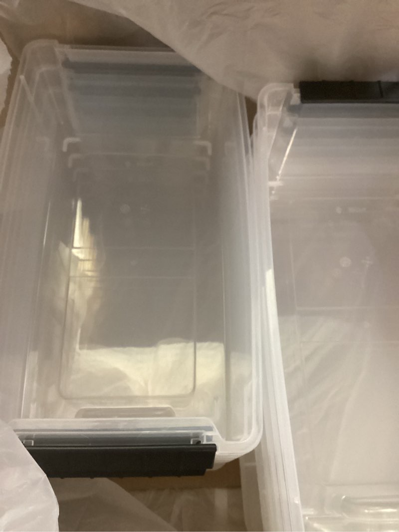 Condition photo showing Good Condition for iris usa 6 qt stackable plastic storage bins with lids, 10 pack - bpa-free, made in usa - see-through organizing solution, latches, durable nestable containers, secure pull handle - clear clear 6 qt 10 pack