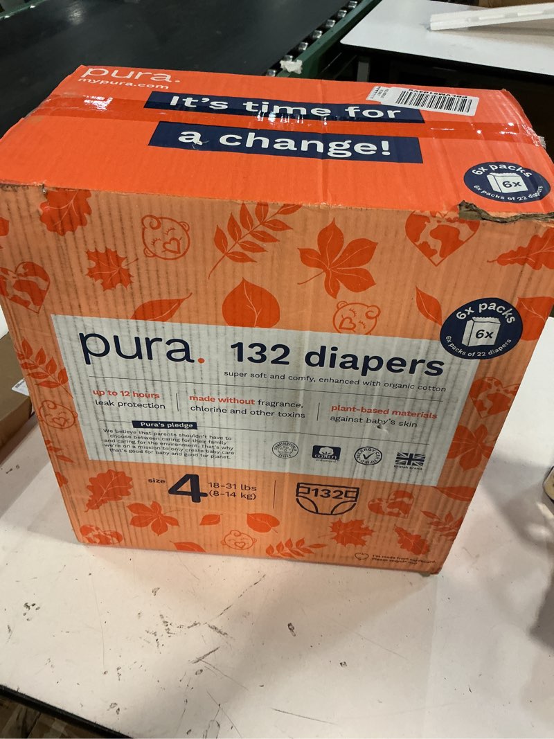 Condition photo showing New/Like New for pura size 4 eco-friendly diapers (18-31 lbs) hypoallergenic, soft organic cotton, sustainable, up to 12 hours leak protection, allergy uk, recyclable packaging, 6 packs of 22 (132 diapers) size 4 (132 diapers)