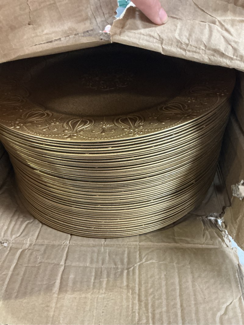 Condition photo showing Good Condition for proy 50 pcs gold charger plates bulk, premium gold round chargers for dinner plates, table chargers for table setting, wedding 50pcs filigree gold