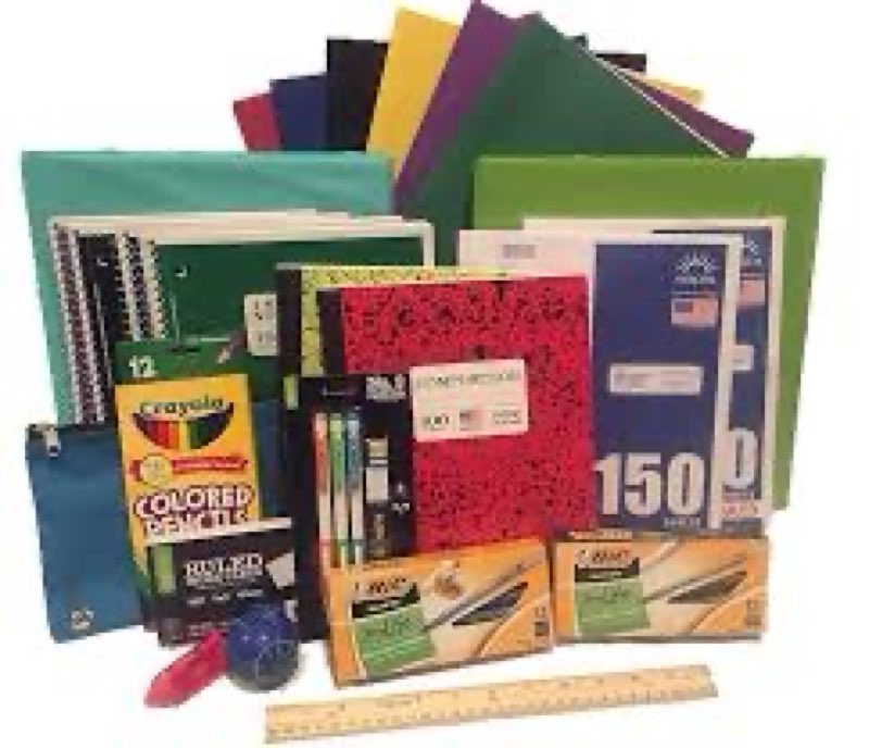 mixture of office and school supplies paper pencil notebook 