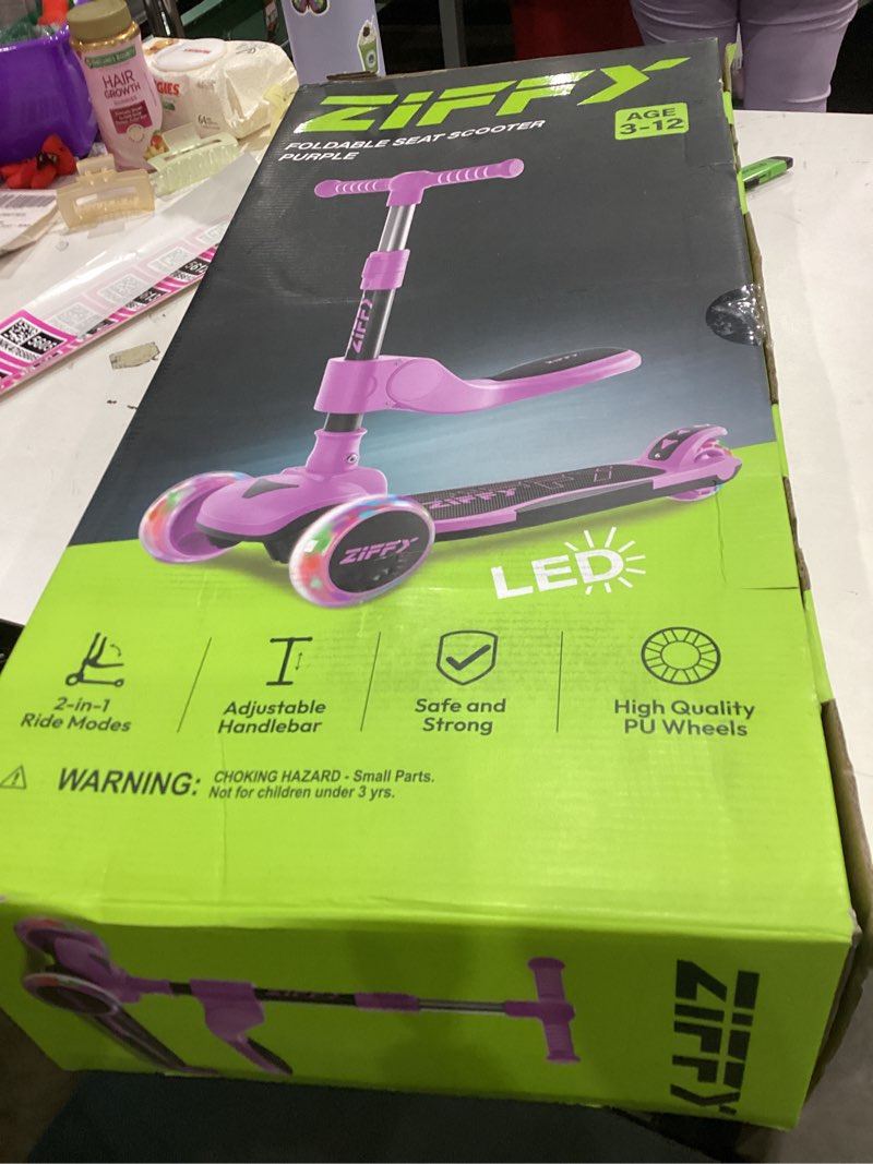 Condition photo showing Good Condition for ZIFFY 2-in-1 Toddler Scooter with Seat, 3 Wheel Scooter for Kids 3-5 6-12, Foldable Light-Up Kid Scooters for Boy Girl 110 Lbs, Anti-Slip Deck, 3 Adjustable Height Handlebar, Kids Riding Toys by JOVA Purple