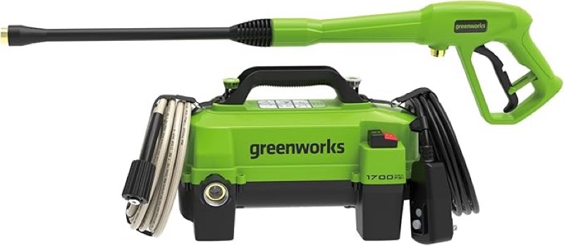 greenworks 1700 psi and 1.2 gpm pressure washer - ultra compact & lightweight, ideal for cleaning patios, decks, sidewalks, outdoor furniture, bikes, cars, and small driveway areas.