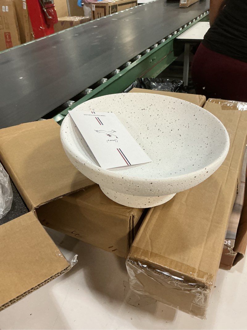 Condition photo showing New/Like New for LE TAUCI 10" Ceramic Decorative Bowl, Key Bowl for Entryway, Handcrafted Sturdy Pedestal Bowl, Modern Farmhouse Fruit Bowl for Kitchen Counter, Centerpiece, Speckled White