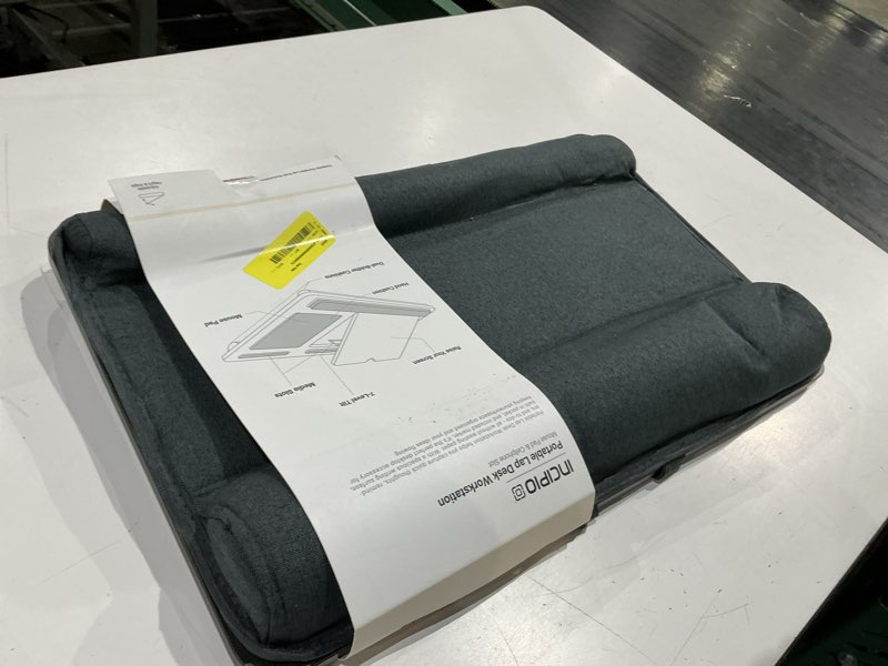 Condition photo showing As Is for incipio portable lap desk workstation with cushion base & carry handle, built-in mouse pad, tablet & phone holder slots, adjustable laptop stand for bed, couch & office use-gray