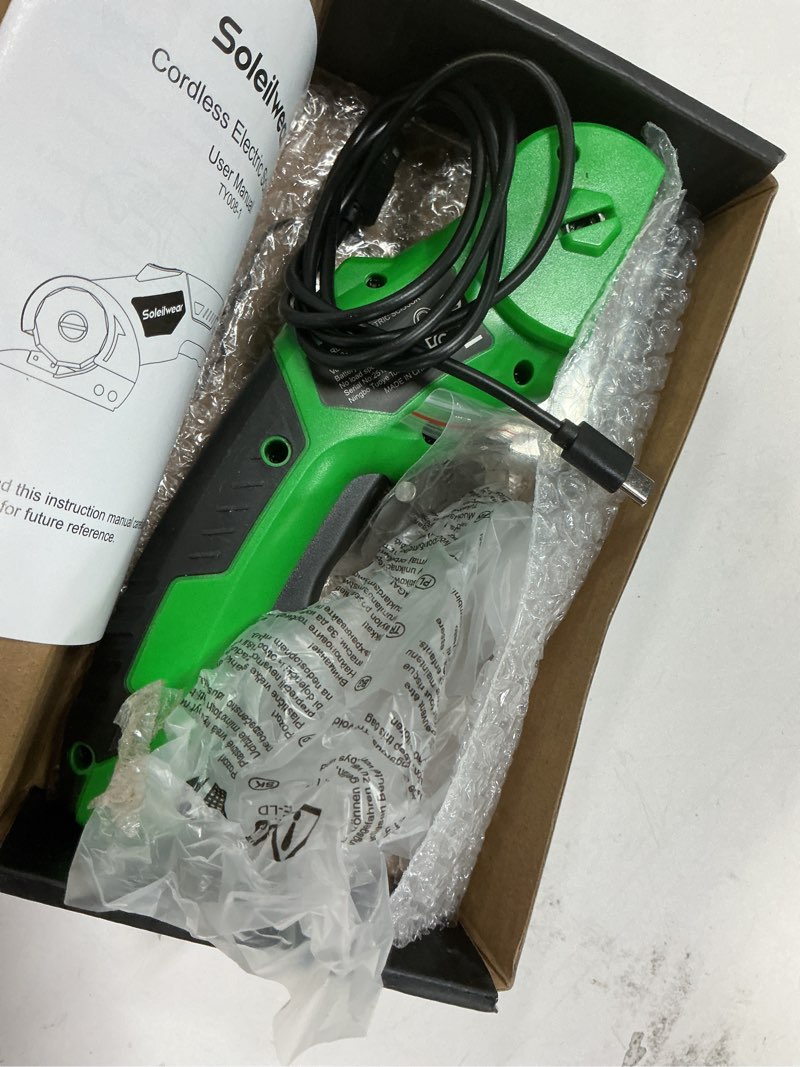 Condition photo showing Good Condition for Cardboard Cutter, Rechargeable Cordless Electric Scissors, 4V Upgrade Motor Electric Box Cutter with 2 Blades, Safety Lock & LED Light, Powerful Cutting for Cardboard Box, Plastic, Leather Green