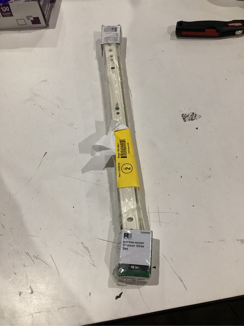 Condition photo showing As Is for reliabilt 18-in self-closing bottom mount white drawer slide 50-lb load capacity 2 -pieces