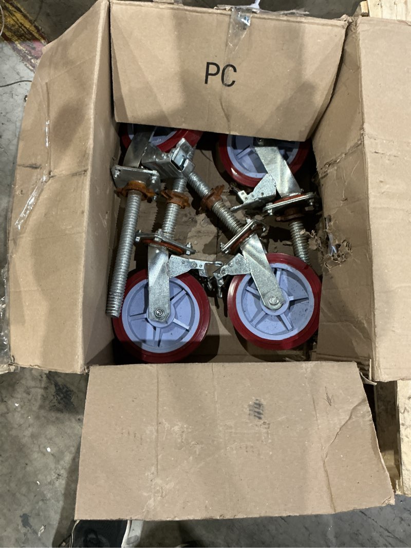 Condition photo showing As Is for colingmill 4 pack 8 inch adjustable leveling scaffolding wheels scaffolding caster wheels with brake 1-1/5" od scaffold screw swivel casters locking set