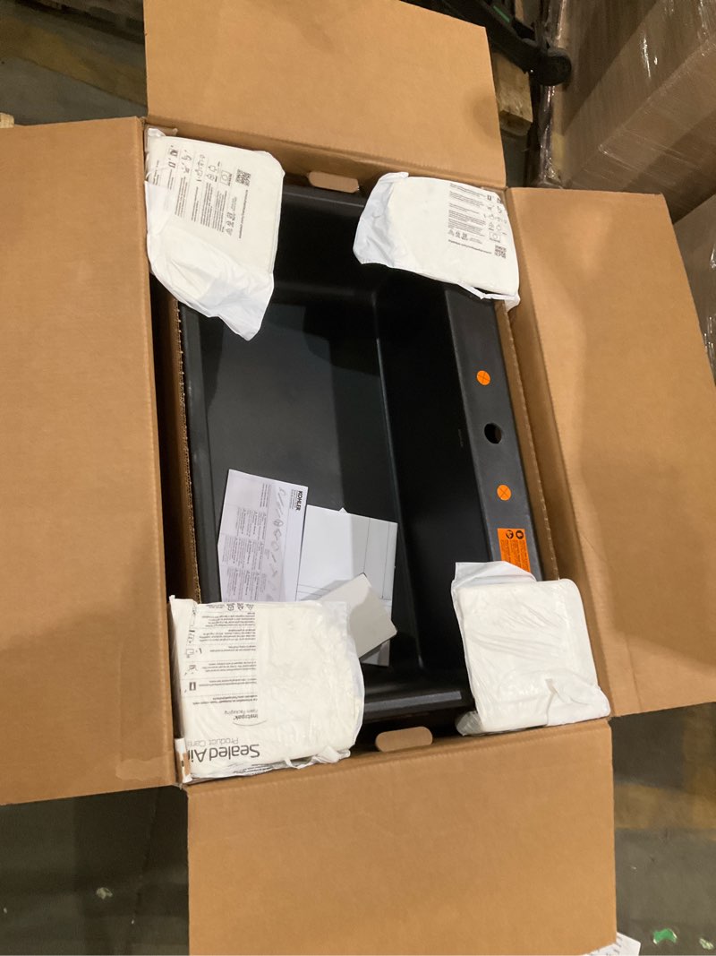 Condition photo showing As Is for incomplete, missing faucet, kohler ealing all-in-one drop-in or undermount 33-in x 22-in composite single bowl workstation kitchen sink all-in-one kit