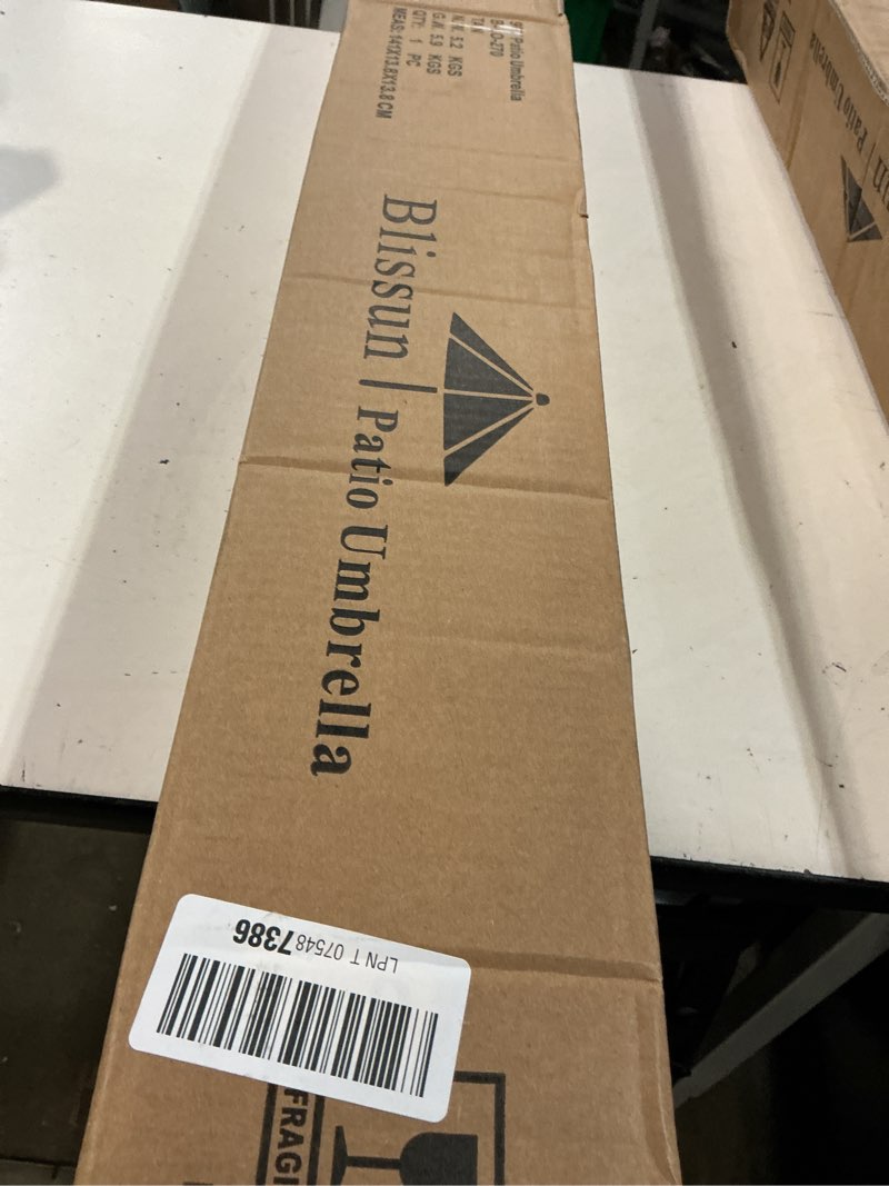 Condition photo showing New/Like New for blissun 9' outdoor patio umbrella, outdoor table umbrella, yard umbrella, market umbrella with 8 sturdy ribs, push button tilt and crank tan