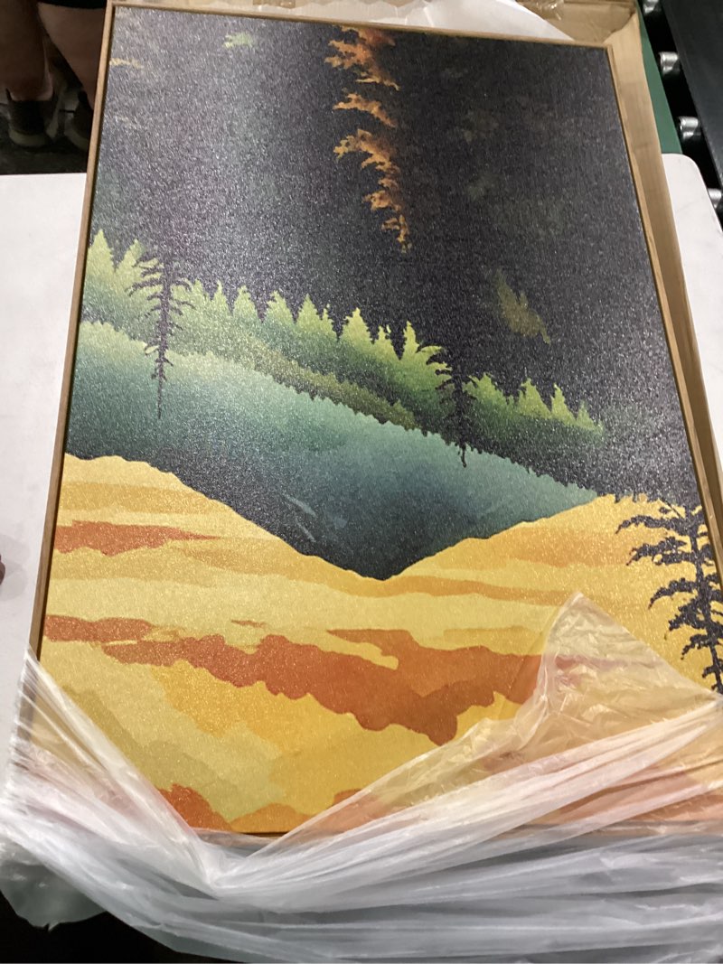 Condition photo showing New/Like New for lhiuem large boho sunset mountain framed canvas wall art,retro pine tree wall decor,nature foggy forest wall painting,bohemian landscape artwork for living room,bedroom,dining room,office -24"x36"x3 sunset forest mountain wall art 36"l x 24"w