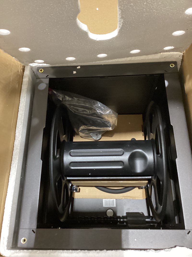 Condition photo showing Good Condition for metal garden hose reel deck box, durable steel garden hose storage box cabinet, 150ft 5/8" garden hose capacity. - hose guide manual rewind, no-leak aluminum water connections
